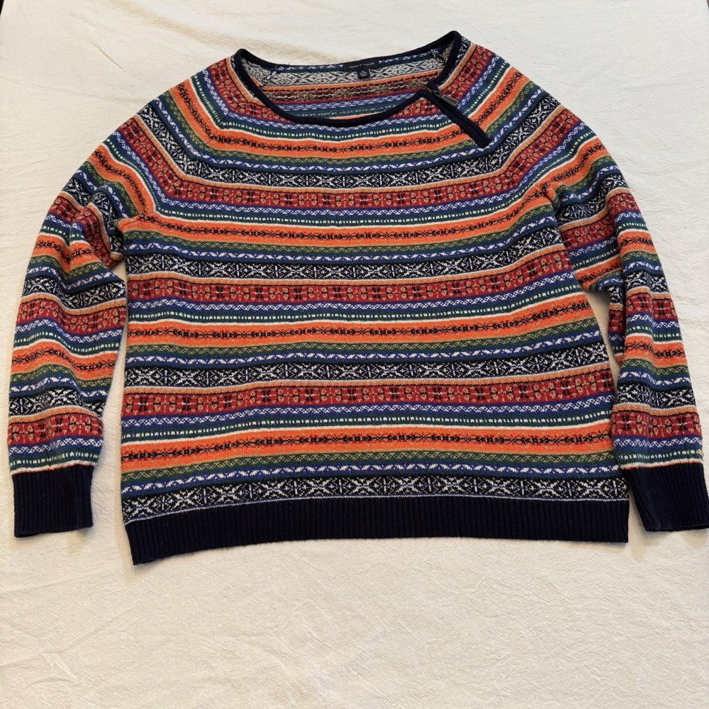 Tommy Hilfiger Fair Isle SweaterMulti Color Stripe Zipper Shoulder Cabin Cozy